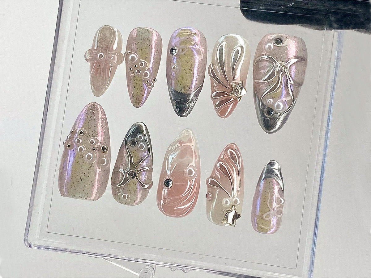 Pink 3D Gel Raised Press On Nail | Fluttery Butterfly Nail Art | Y2K Style Nails | Secret Garden Flower Nails | Silver Fake Nails | OB412Y