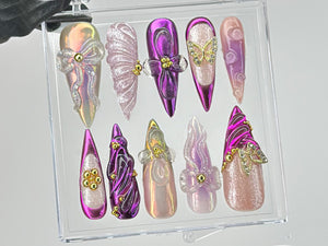 Vibrant Purple Press On Nails | Luxurious Purple Nail Art | Butterfly charms on Fake Nails | 3D Floral Nail Charms | Press Ons | OB451TL