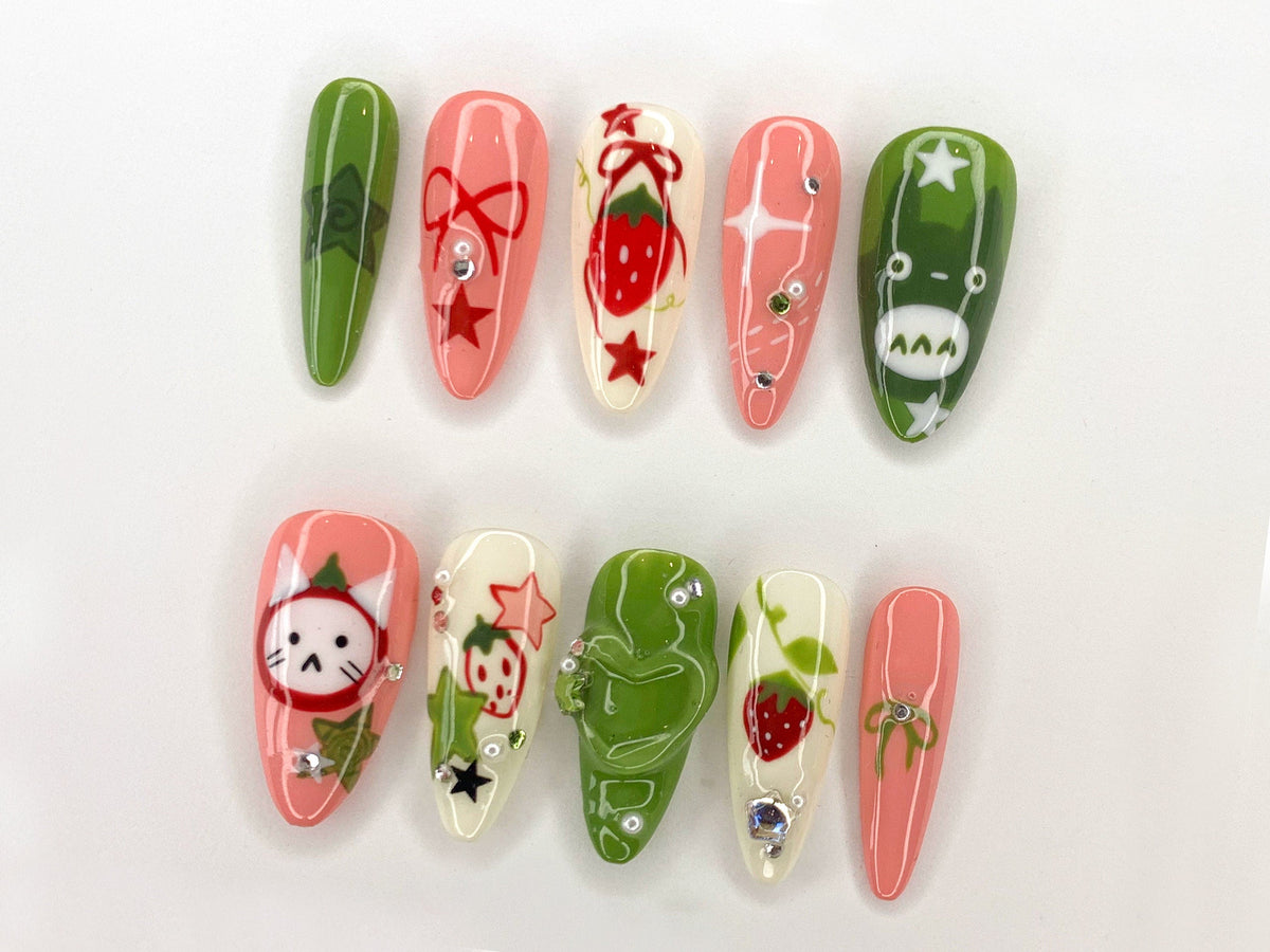 Ghibli Long Almond Press On Nails | Free Style Handpainted Cartoon in Fake Nails | Anime Nails Art | Miffy Nails | Abstract Nails| OC284S