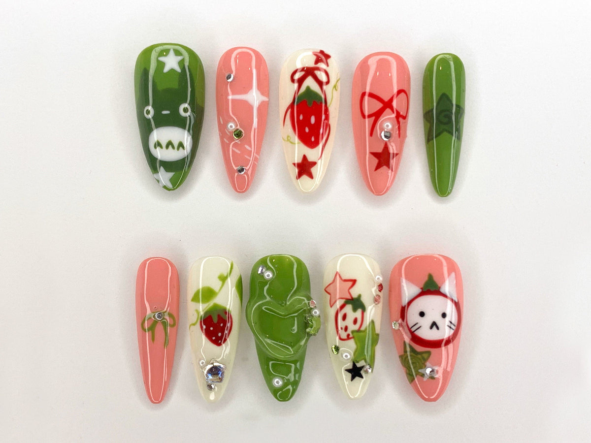 Ghibli Long Almond Press On Nails | Free Style Handpainted Cartoon in Fake Nails | Anime Nails Art | Miffy Nails | Abstract Nails| OC284S