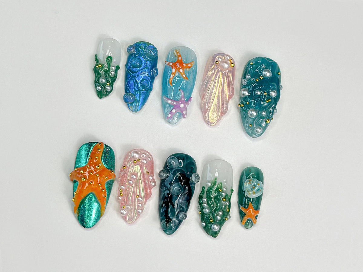 3D Tropical Beach Press On Nails | Ocean-Themed with Seaweed, Seashells, and Starfish | Handmade Press On Nails | OB316SL