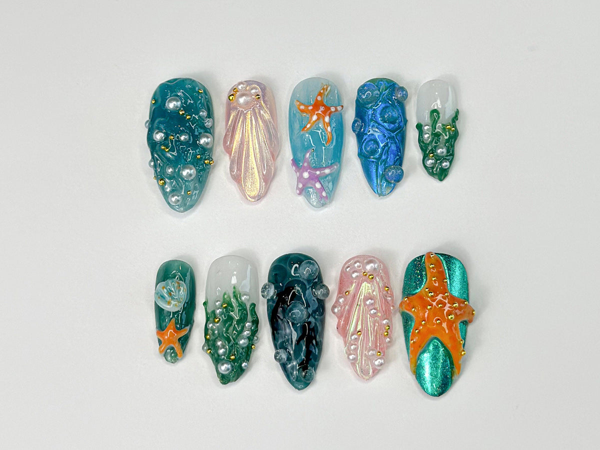 3D Tropical Beach Press On Nails | Ocean-Themed with Seaweed, Seashells, and Starfish | Handmade Press On Nails | OB316SL