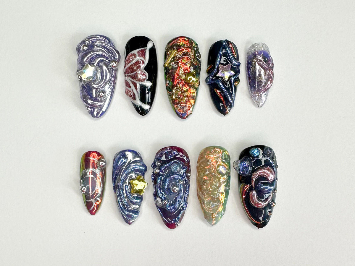 Galactic 3D Press On Nails | Handcrafted Press On Nails with Cosmic and Star Designs | Perfect for a Bold Look | 3D Gel x Nails | OB331SC