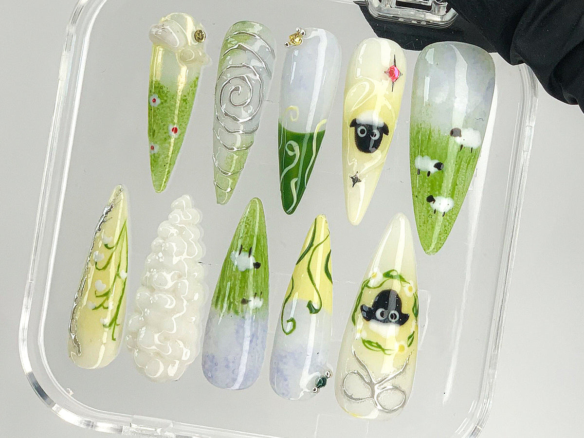 Cute Sheep Press On Nails | Custom Pastel Green Animal Handpainted Nail Art | 3D Gel Nail Designs | Watercolor in Fake Nails | OB418AM