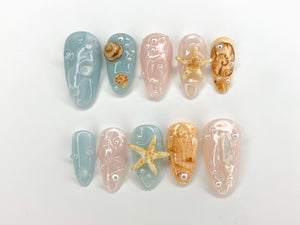 Ocean-Inspired 3D Press On Nails | Beach Theme with Seashells and Starfish | Handmade Press On Nails for Summer Vibes | OC297S