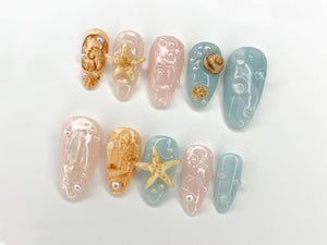 Ocean-Inspired 3D Press On Nails | Beach Theme with Seashells and Starfish | Handmade Press On Nails for Summer Vibes | OC297S