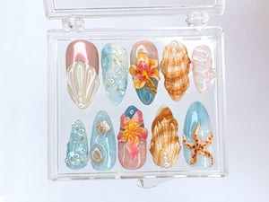 Tropical Beach 3D Press On Nails | Ocean-Inspired Designs with Flowers, Seashells, and Starfish | Handmade Press On Nails | OB421SL