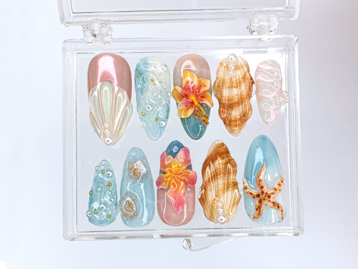 Tropical Beach 3D Press On Nails | Ocean-Inspired Designs with Flowers, Seashells, and Starfish | Handmade Press On Nails | OB421SL