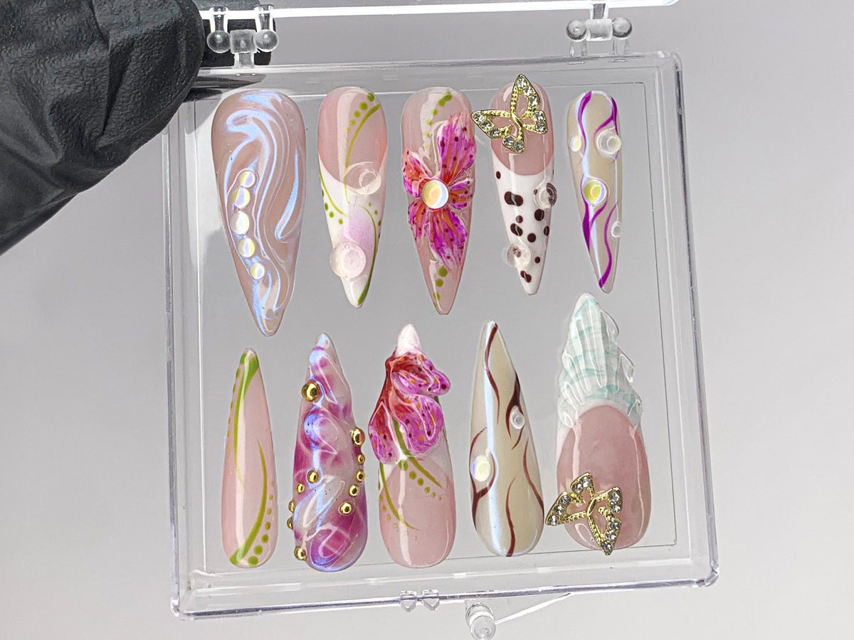 Luxurious butterfly Press On Nails | Stunning 3D Floral On Fake Nails | French Tips Nail Art | Nail Charms, gyaru nails | press ons| OB429TK