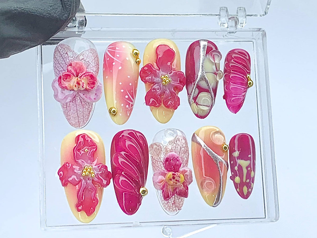 Blooming Flowers Press On Nails | 3D Chrome Flowers Acrylic Nails | Stunning Floral False Nails Press On| Spring Summer Nail Art | OB423YL