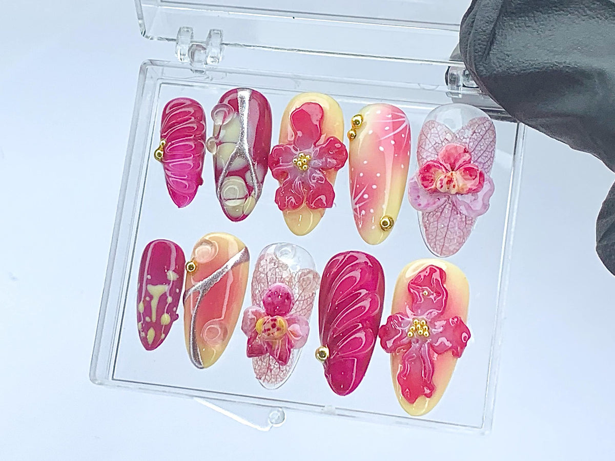 Blooming Flowers Press On Nails | 3D Chrome Flowers Acrylic Nails | Stunning Floral False Nails Press On| Spring Summer Nail Art | OB423YL