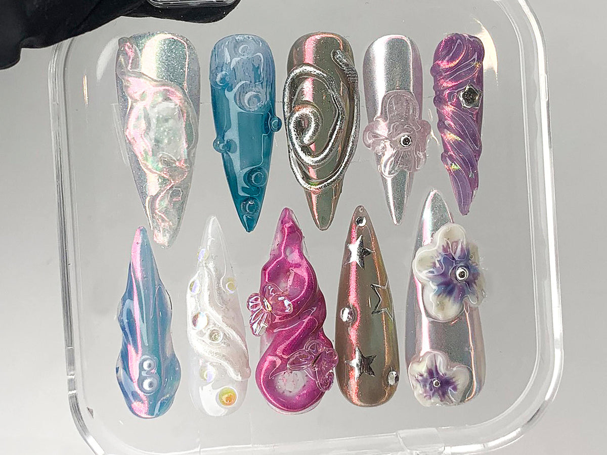 Free Style 3D Flower Press On Nails | Spring Garden Theme Custom Floral Nails | Fairy Tale Acrylic Long Almond Nails | Gift For Her| OB431AH