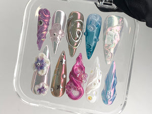 Free Style 3D Flower Press On Nails | Spring Garden Theme Custom Floral Nails | Fairy Tale Acrylic Long Almond Nails | Gift For Her| OB431AH