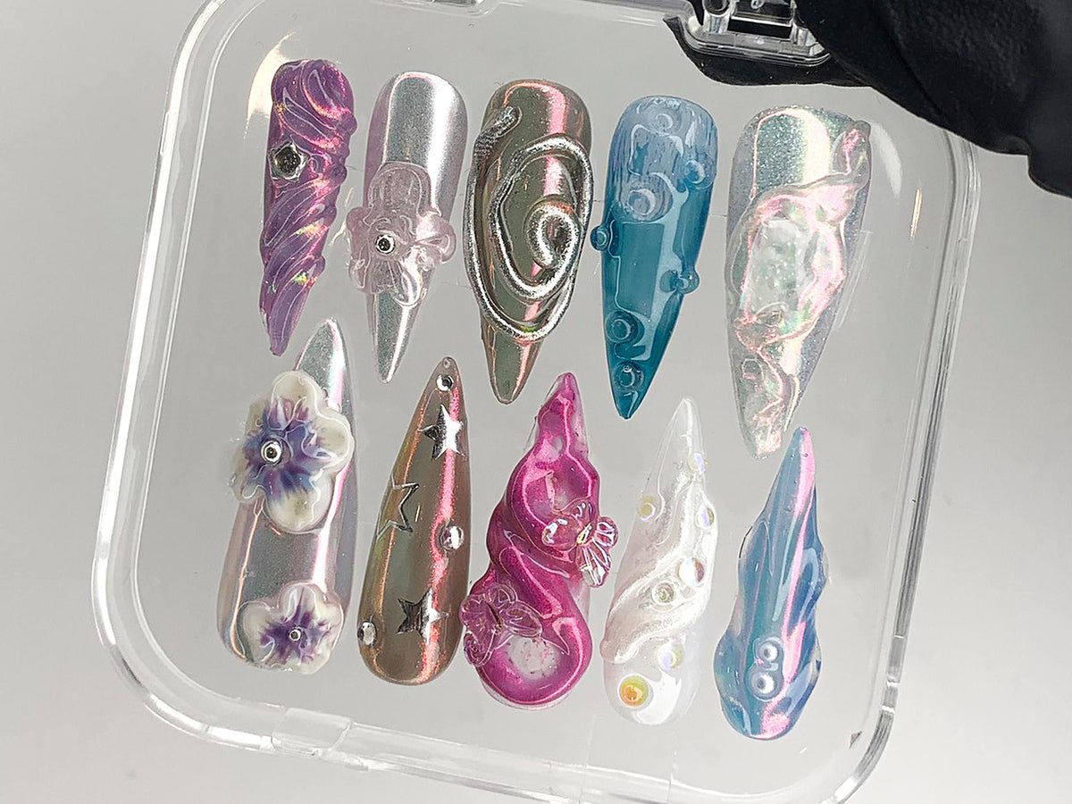 Free Style 3D Flower Press On Nails | Spring Garden Theme Custom Floral Nails | Fairy Tale Acrylic Long Almond Nails | Gift For Her| OB431AH
