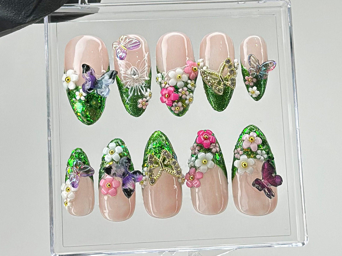 Luxury Green Glitter Press On Nails | Handcrafted Secret Garden Press On Nails |3D Butterfly and Floral Nail Art | Spring nails | OB435TL