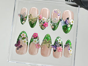 Luxury Green Glitter Press On Nails | Handcrafted Secret Garden Press On Nails |3D Butterfly and Floral Nail Art | Spring nails | OB435TL