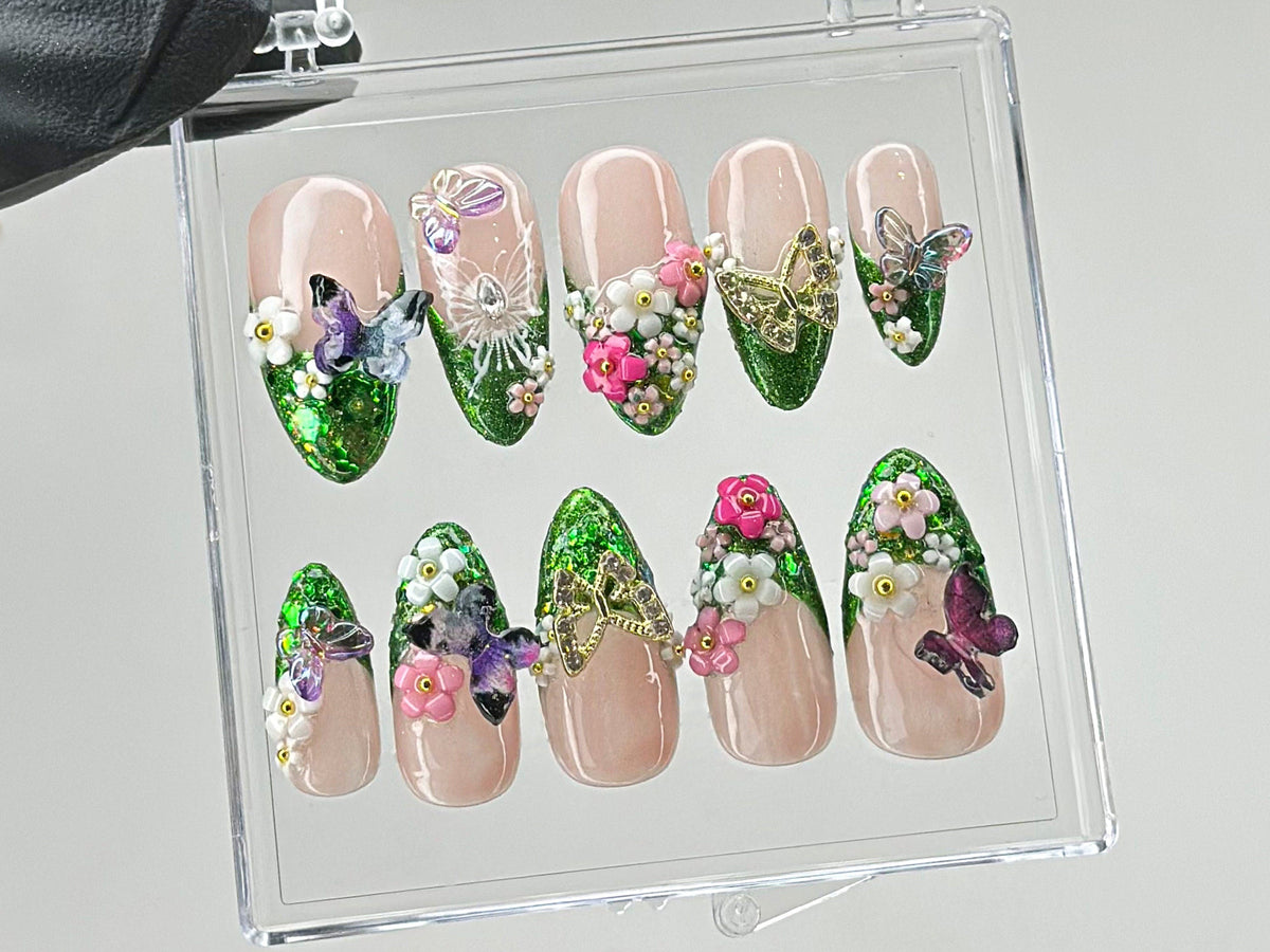 Luxury Green Glitter Press On Nails | Handcrafted Secret Garden Press On Nails |3D Butterfly and Floral Nail Art | Spring nails | OB435TL