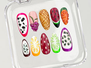 Fruit-themed Press On Nails for a Splash of Color | Tropical Delight On Fake nails | Vibrant Fruit Delight Nail Art | Acrylic Nails | OB360T