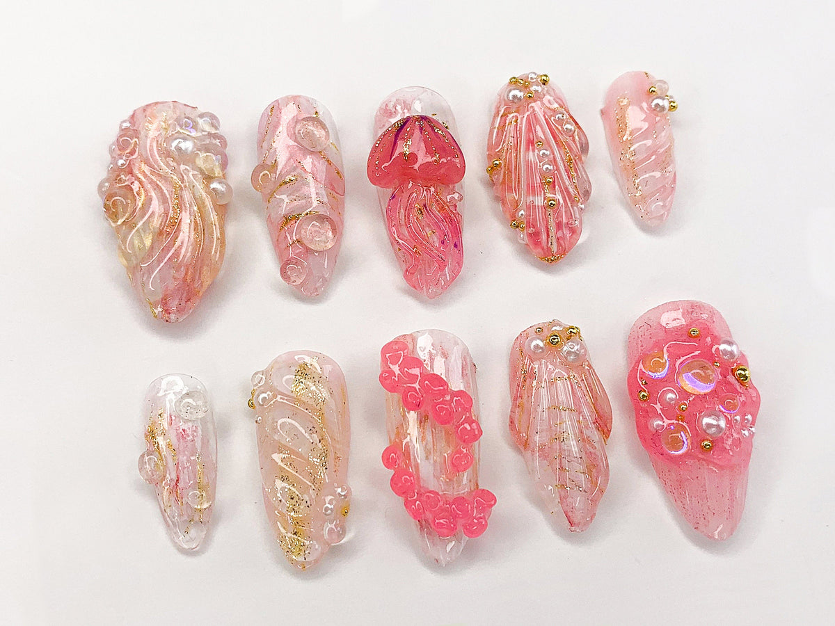 Ocean-inspired Press On Nails | Tropical Beach Designs with Jellyfish, Seashells, and Starfish | Summer Handmade Press On Nails |OC366AL