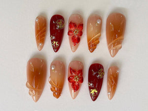 Custom Flower Fairycore Nails | Press On Nails Almond | Dreamy 3D Orchad Floral Press-Ons | Hand-painted Acrylic Spring Fake Nails | OC369A