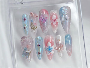 Enchanted Garden Press-On Nails | Floral and Butterfly 3D Nail Art | Handcrafted Fake Nails | Nail Charms | Press Ons | Gift for her| OB462T