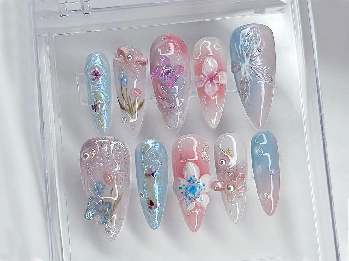 Enchanted Garden Press-On Nails | Floral and Butterfly 3D Nail Art | Handcrafted Fake Nails | Nail Charms | Press Ons | Gift for her| OB462T