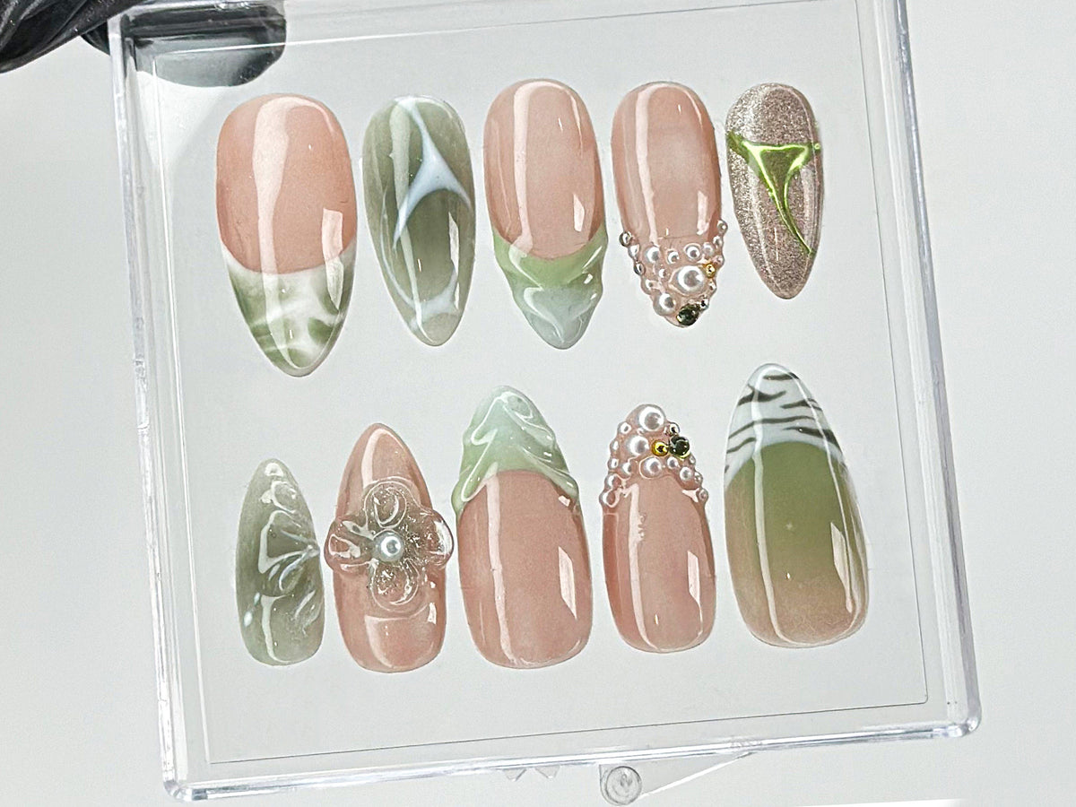 Green French Tips Press On Nails | Luxury False Nails with Floral and Leaf Designs | 3D Floral Nail Art| Summer nails | nail charms| OB467TG