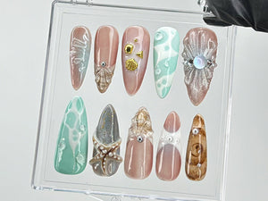 Ocean-Inspired Press On Nails with 3D Starfish | y2k nails |Ocean Nails | Fake Nails | summer press on nails |acrylic press on nails |OB469T