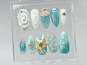 Ocean-Inspired Press On Nails | Stunning 3D Starfish On Fake Nails | summer press on nails | Luxurious pearls Ocean Nails | OB440TH