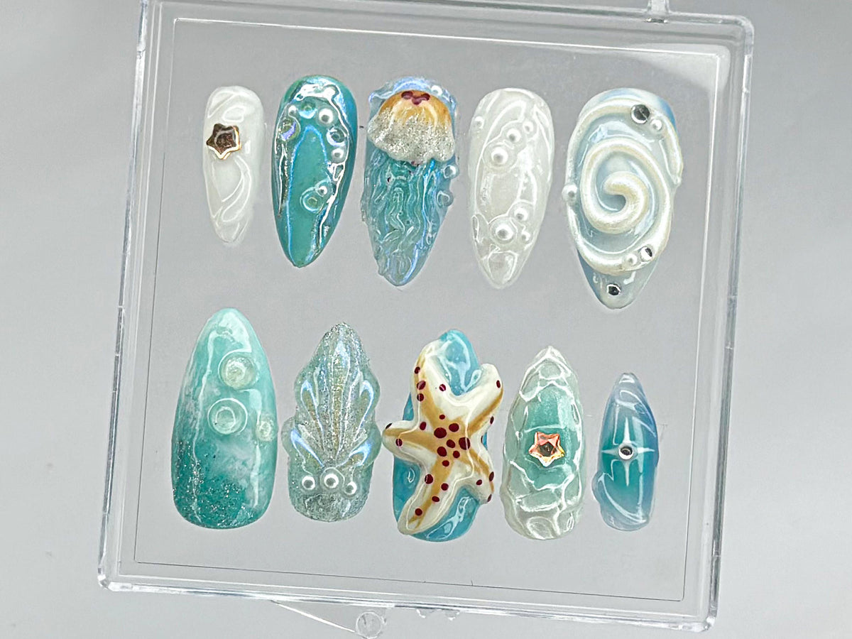 Ocean-Inspired Press On Nails | Stunning 3D Starfish On Fake Nails | summer press on nails | Luxurious pearls Ocean Nails | OB440TH