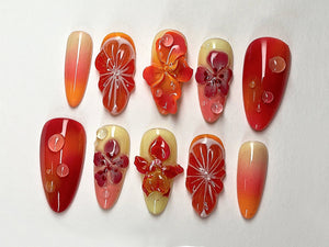 Summer Blossom Press On Nails | Tropical Sunset 3D Gel Floral Ombre Nail Art | Custom Handmade Floral Nails | Dreamy Almond Nails | OC403A