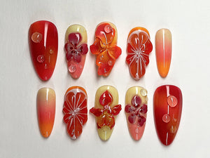 Summer Blossom Press On Nails | Tropical Sunset 3D Gel Floral Ombre Nail Art | Custom Handmade Floral Nails | Dreamy Almond Nails | OC403A