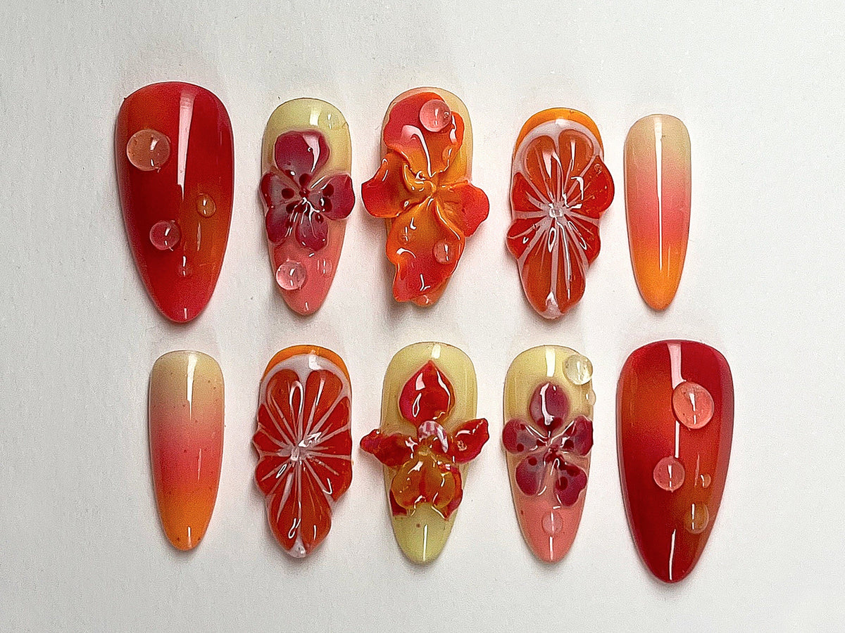 Summer Blossom Press On Nails | Tropical Sunset 3D Gel Floral Ombre Nail Art | Custom Handmade Floral Nails | Dreamy Almond Nails | OC403A
