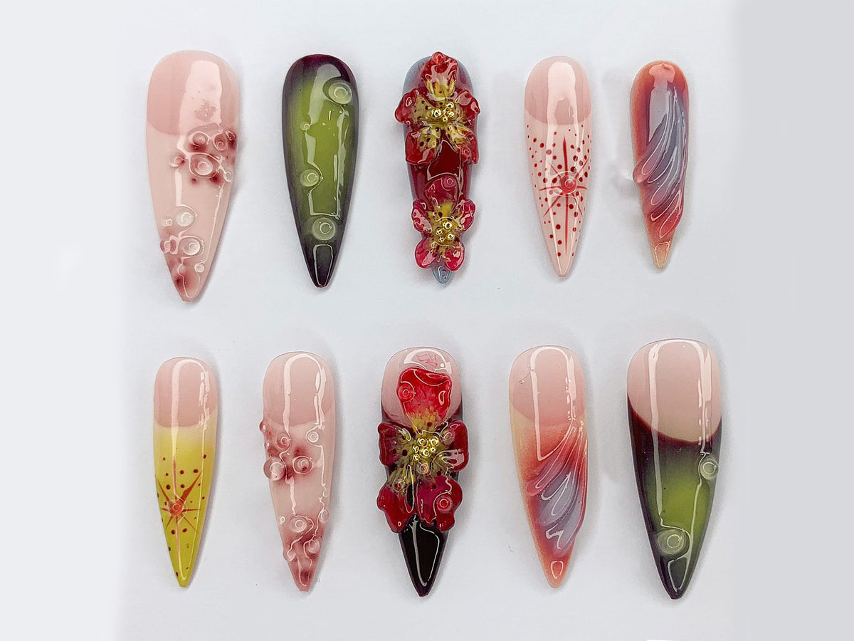 Custom Dreamy Press On Nails | 3D Jelly Orchids Nail Art | Hand-painted Acrylic Floral Press-Ons | FairyCore Flower Fake Nails | OB330AK