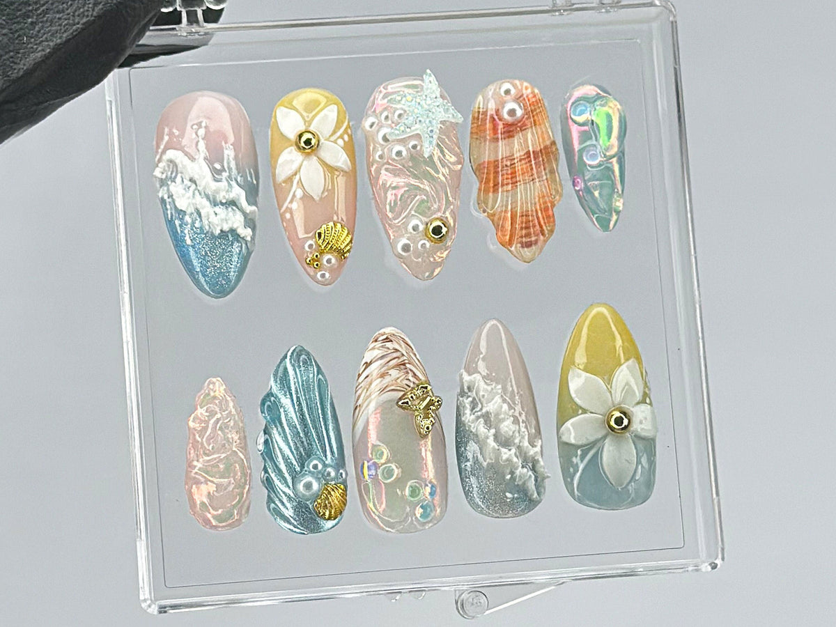 Ocean Dream Press On Nails | Aquatic Elegance Nail Art | Unique Press Ons with Pearl | summer press on nails |ocean press on nails | OB445TK