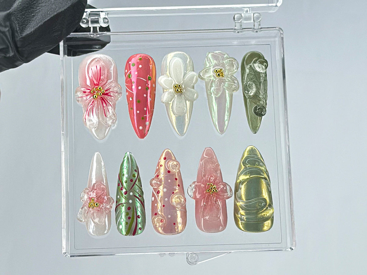 Garden Blossom Press On Nails | Unique Acrylic Press On Nails | Fake Nails | Nature Inspired Nail Art | Summer nails | press ons | OB447TL