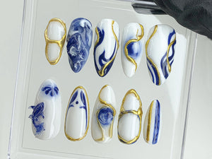 Japanese Koi Fish Porcelain Nails | White & Blue Press-On Nails | Custom Handmade Bát Tràng Ceramic Nail Art from Vietnam | OB480AV