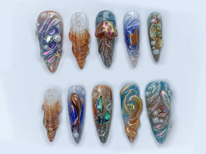 Free Style Chrome Press On Nails | Custom Colorful 3D Metallic Jellyfish Gel Nail Art | Blue & Orange Ombre Handpainted Nail Set | OB335AL