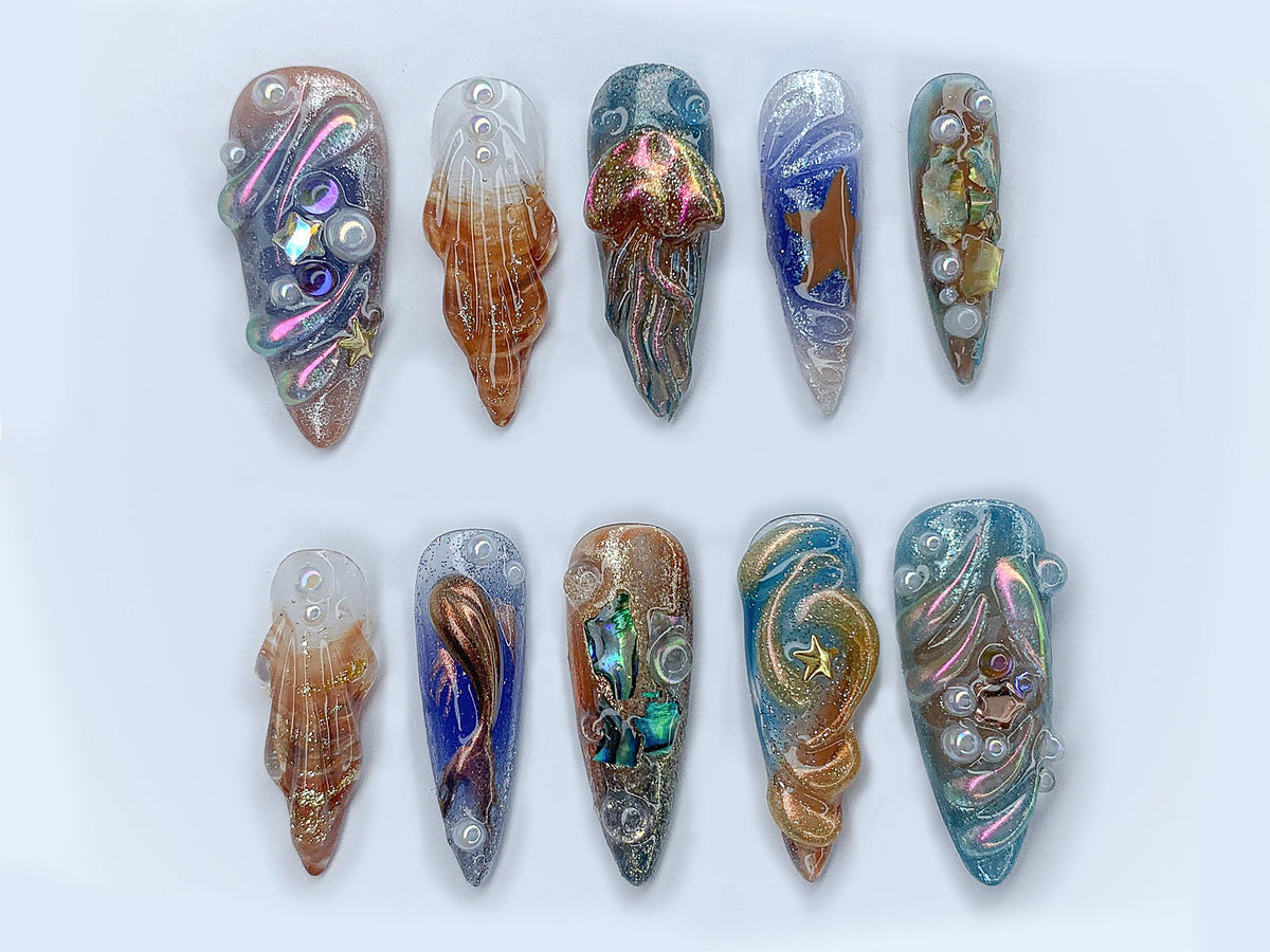 Free Style Chrome Press On Nails | Custom Colorful 3D Metallic Jellyfish Gel Nail Art | Blue & Orange Ombre Handpainted Nail Set | OB335AL