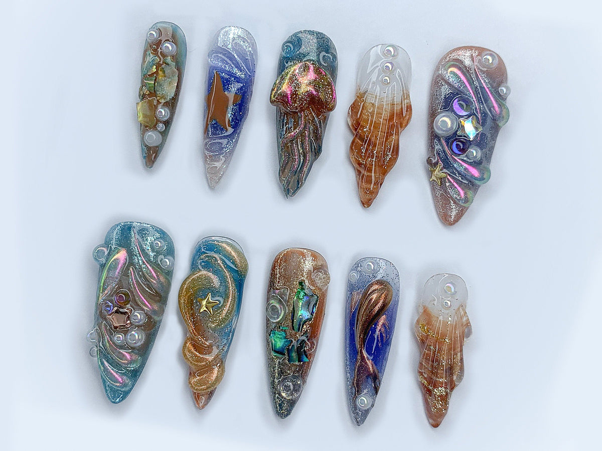 Free Style Chrome Press On Nails | Custom Colorful 3D Metallic Jellyfish Gel Nail Art | Blue & Orange Ombre Handpainted Nail Set | OB335AL