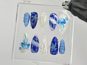 Mystical Ocean Press On Nails | Handcrafted with Jellyfish On Fake nails | Custom Press Ons | summer press on nails | OB449T