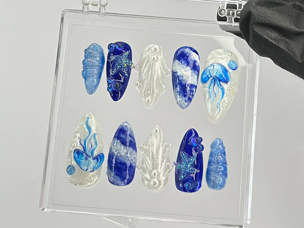 Mystical Ocean Press On Nails | Handcrafted with Jellyfish On Fake nails | Custom Press Ons | summer press on nails | OB449T