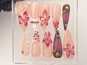 Elegant Floral Gem Press On Nail | Pink Blossom Nail Art | Luxury Flower Acrylic Nails | Artisan Pink Floral Fake Nails | Handmade | OB491YL
