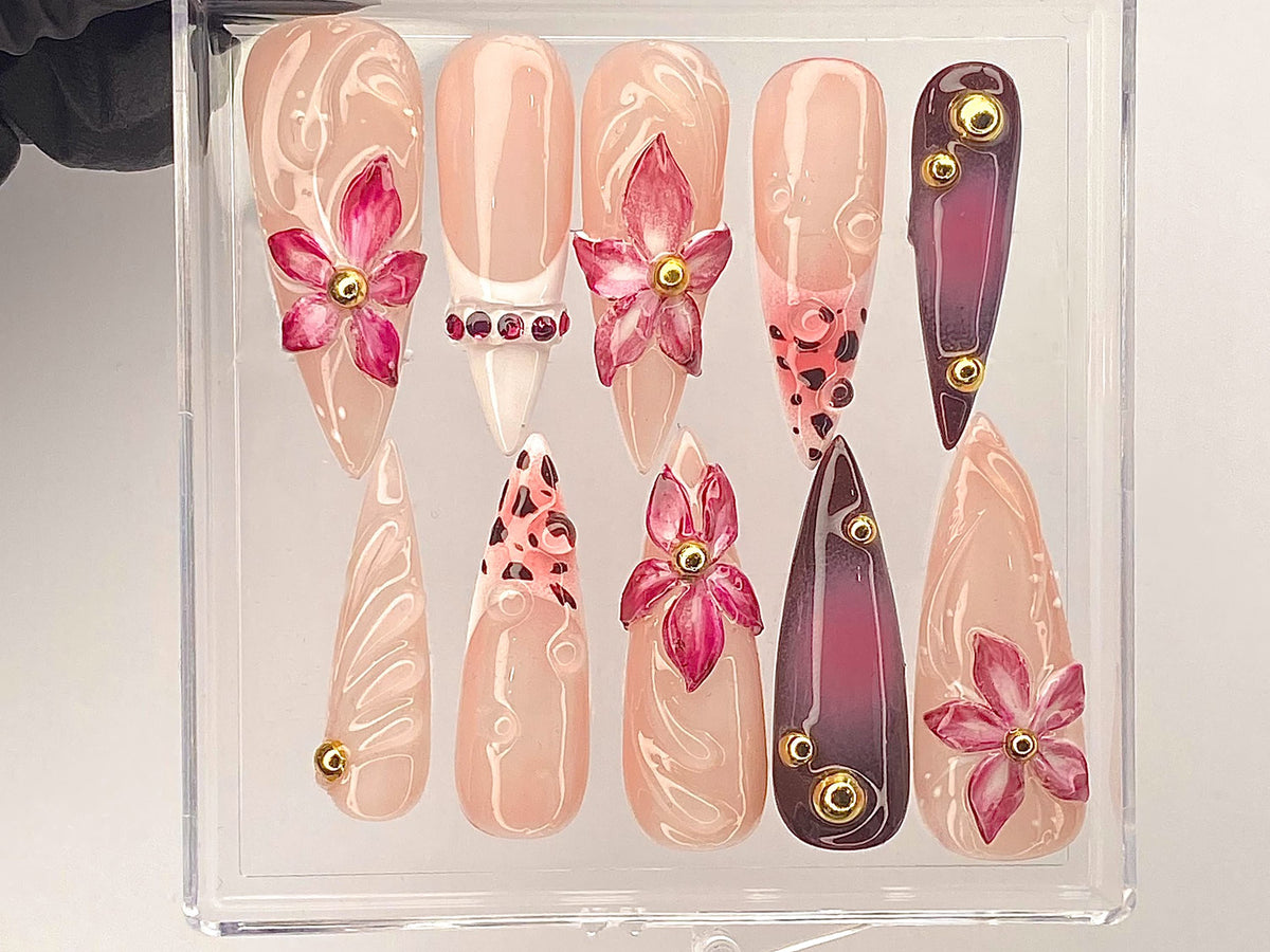 Elegant Floral Gem Press On Nail | Pink Blossom Nail Art | Luxury Flower Acrylic Nails | Artisan Pink Floral Fake Nails | Handmade | OB491YL