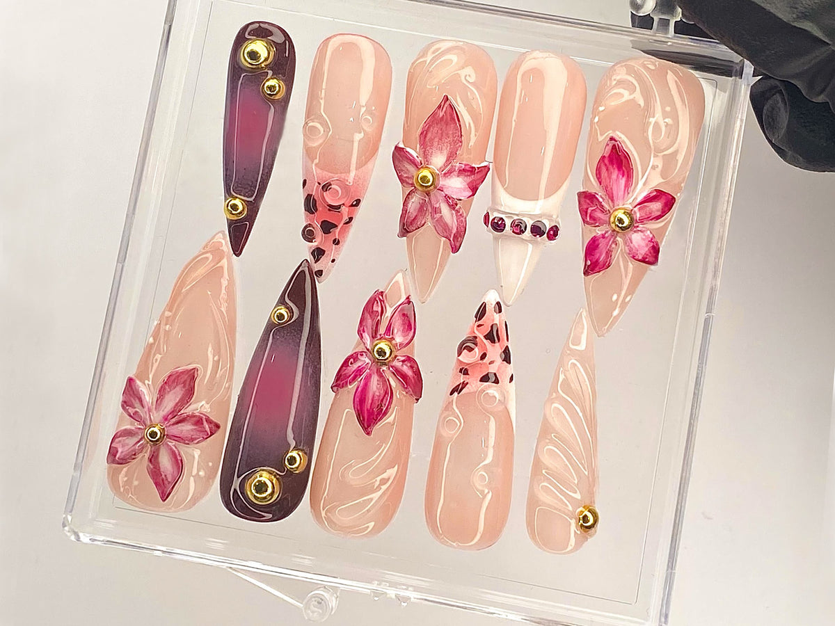 Elegant Floral Gem Press On Nail | Pink Blossom Nail Art | Luxury Flower Acrylic Nails | Artisan Pink Floral Fake Nails | Handmade | OB491YL