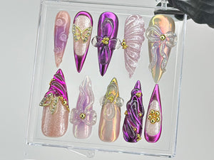 Vibrant Purple Press On Nails | Luxurious Purple Nail Art | Butterfly charms on Fake Nails | 3D Floral Nail Charms | Press Ons | OB451TL