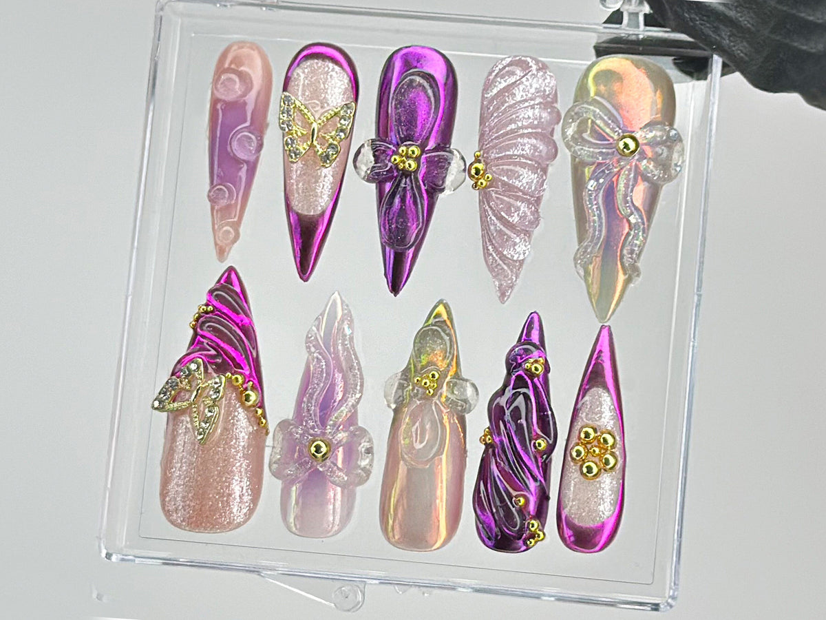 Vibrant Purple Press On Nails | Luxurious Purple Nail Art | Butterfly charms on Fake Nails | 3D Floral Nail Charms | Press Ons | OB451TL