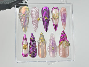 Vibrant Purple Press On Nails | Luxurious Purple Nail Art | Butterfly charms on Fake Nails | 3D Floral Nail Charms | Press Ons | OB451TL