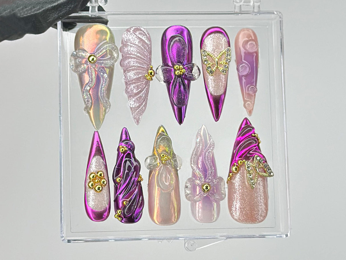 Vibrant Purple Press On Nails | Luxurious Purple Nail Art | Butterfly charms on Fake Nails | 3D Floral Nail Charms | Press Ons | OB451TL