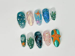 3D Tropical Beach Press On Nails | Ocean-Themed with Seaweed, Seashells, and Starfish | Handmade Press On Nails | OB316SL